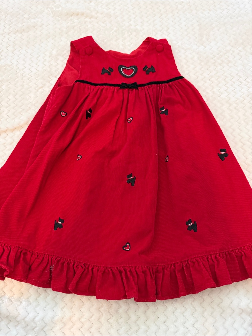 Girls Red Heart-Embroidered Corduroy Dress